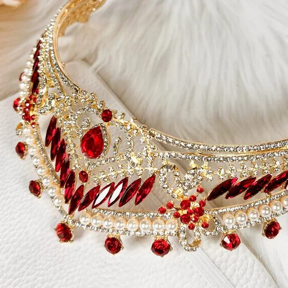 Elegant Gold Tiara for Ladies, Glamorous Crystal Red Crown, Hair Accessories - Picture 4 of 5